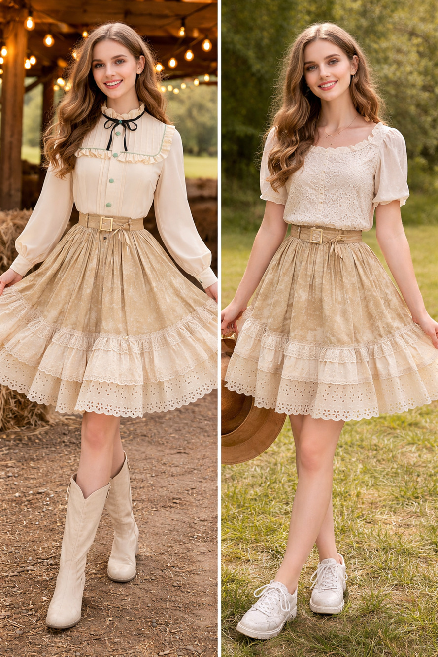 Vintage Prairie Cottage Core Lace Eyelet Ruffle Skirt Square Dance Western S-M